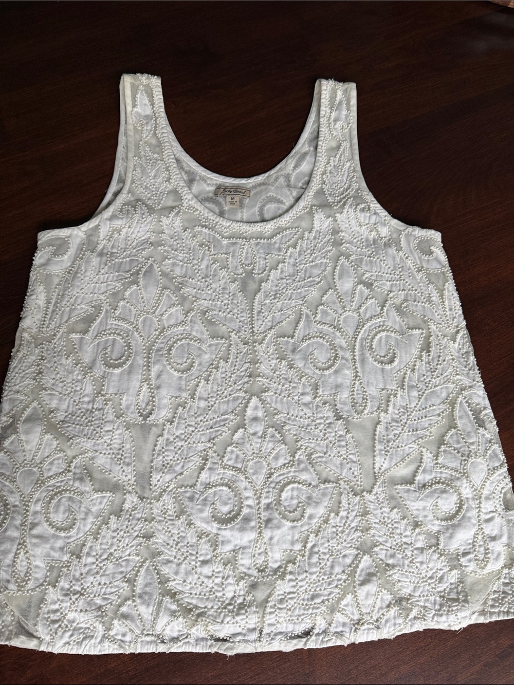 Lucky Brand White Embroidered and beaded Tank Top. M. ptp 19.5” length 25”